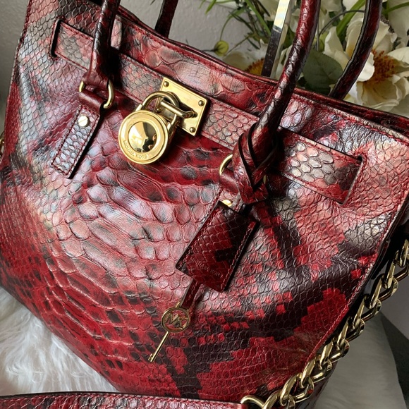 Michael Kors Red Leather Hamilton Tote Bag Large Exotic Python Purse - Picture 12 of 16